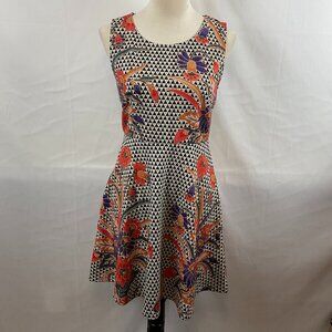Molly Bracken Fit & Flare Dress S Black White Geometric Floral Red Purple Orange